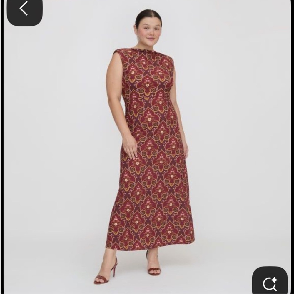 Hill House Burgundy and Gold Printed Sleeveless Maxi Dress